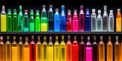 Assortment of colorful liquids bottles displayed on two rows on a dark background. Multicolored bar collection concept. 
