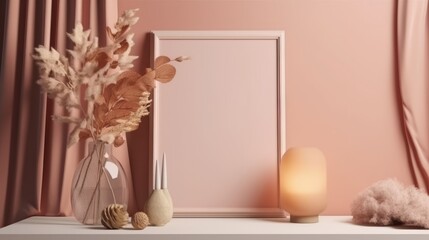 Frame mockup on the wall painted on pink colour. Vertical frame mockup close up on wall painted pastel pink color. Decor concept. Real estate concept.