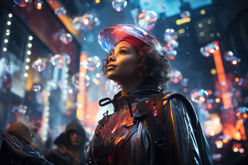 Fototapeta premium A futuristic Christmas parade featuring levitating floats and holographic performances. Concept of high-tech holiday festivities. Generative Ai.