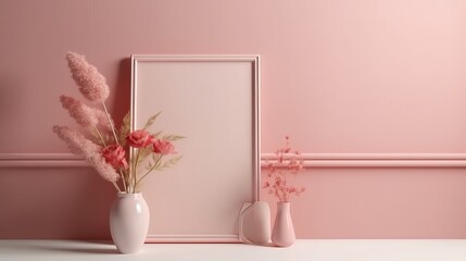 Frame mockup on the wall painted on pink colour. Vertical frame mockup close up on wall painted pastel pink color. Decor concept. Real estate concept.