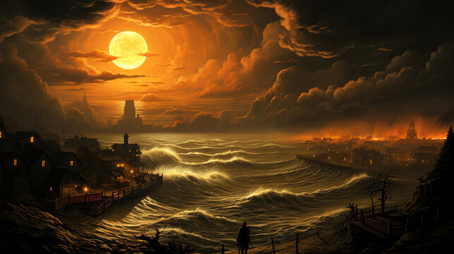 Moonlit Coastal Town Amidst Fiery Skies, generative ai