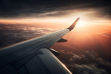 Fototapeta premium A view from the window of an airplane. Flying over the ground, view over an abyss, flying . Beautiful scenic view of sunset through aircraft window. Image save-path for window airplane.