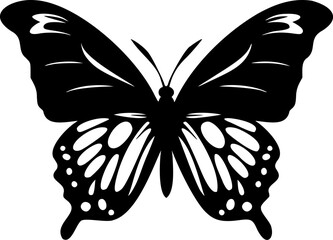 Butterfly silhouette. Simple black graphic. Cartoon style. Vector illustration on a white isolated background