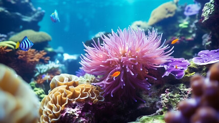 Naklejka na ściany i meble underwater picture of the coral reef, corals and tropical fish, diving, protecting the nature, sea life, global warming, environment, ecology, protecting the sea, multicolored coral, rainbow