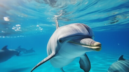Obraz premium Dolphins swimming in the ocean, marine wildlife, sea creature, protect wildlife, ecology and nature protection, wildlife photography, blue tropical ocean