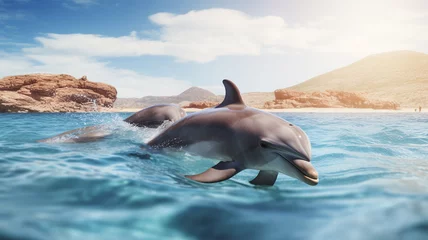 Fotobehang Dolphins swimming in the ocean, two happy dolphins jumping, marine wildlife, sea creature, protect wildlife, ecology and nature protection, wildlife photography © GrafitiRex