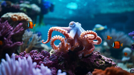 Squid swimming in the ocean, octopuss in the sea, wildlife picture, coral reef, colorful marine life, animal photography, ecology, protect the ocean, tropical fish