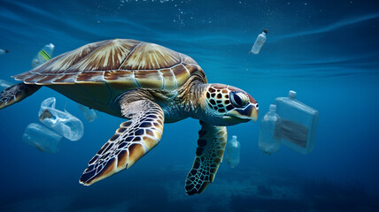 Turtle swimming in a polluted sea, Tortoise, pollution, plastic waste in the ocean, environmental...