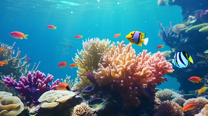 Naklejka na ściany i meble underwater picture of the coral reef and tropical fish, diving, protecting the nature, sea life, global warming, environment, ecology, protecting the sea, multicolored coral, rainbow