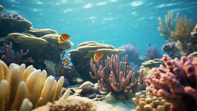 underwater picture of the coral reef and clown fish, corals and tropical fish, diving, protecting the nature, sea life, global warming, environment, ecology, protecting the sea, multicolored coral