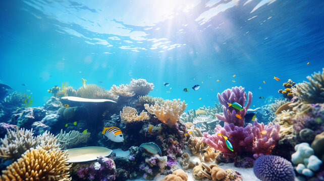 underwater picture of the coral reef, corals and tropical fish, diving, protecting the nature, sea life, global warming, environment, ecology, protecting the sea, multicolored coral, rainbow