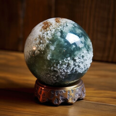 Moss agate sphere with inclusions placed on a stand and displayed on a wooden table. Crystals and gemstones collection. 