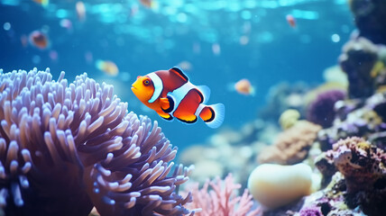 Naklejka na ściany i meble Tropical clown fish in the coral reef, ocean wildlife, wild animal in nature, protect the sea, ecology, nature photography, clown fish in anemone