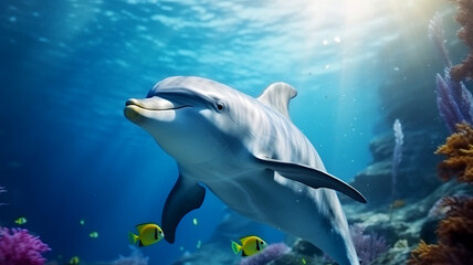 Dolphins swimming in the ocean with tropical fish, coral reef, marine wildlife, sea creature, protect wildlife, ecology and nature protection, wild animal  photography