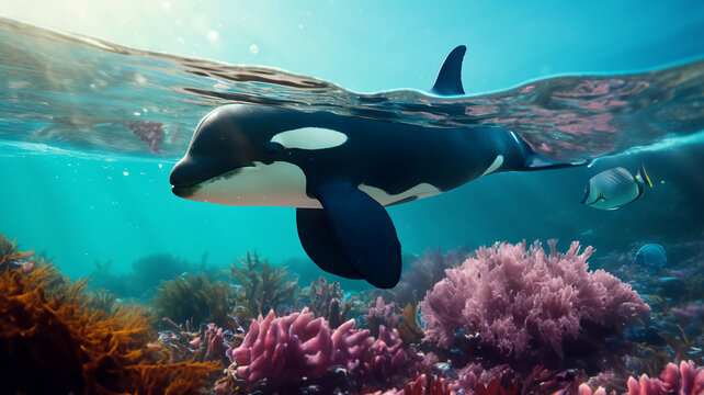 Orca swimming in the ocean, killer whale in the sea, underwater picture of sea animal, wildlife photography, ecology, protect nature, marine wildlife