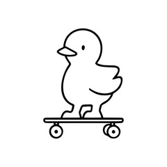 Simple line art of a duck on a skateboard, vector minimalist black and white design.