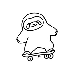 Obraz na płótnie Canvas Funny black and white illustration of a sloth riding a skateboard, perfect for fun and youthful themes.
