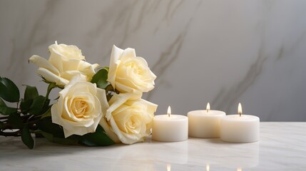 Fototapeta na wymiar Serene arrangement of white roses and lit candles, setting a romantic ambiance.