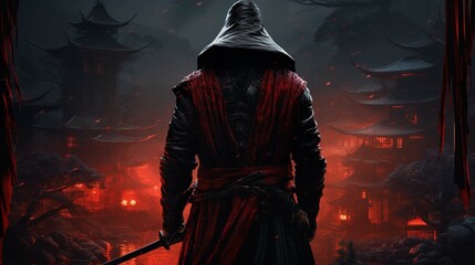 Epic samurai wallpaper from behind looking slightly to the right, face covered in the hood - obrazy, fototapety, plakaty
