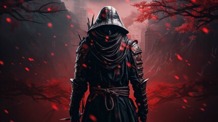 Epic samurai wallpaper from behind looking slightly to the right, face covered in the hood - obrazy, fototapety, plakaty