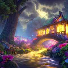 Fairy house near bridge, dreamy fairy woodland. Generative AI
