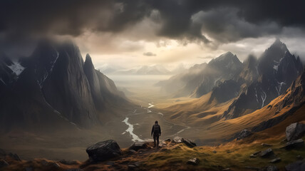 Majestic mountain range with a stormy sky, and hiker man looking out over the view. Generative AI