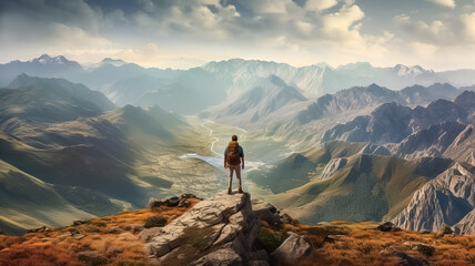 Fototapeta premium Hiker man standing on the edge of a cliff, with sweeping view of mountain range and valley below. Generative AI