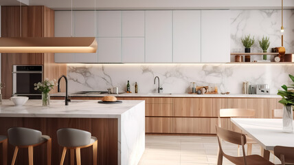 Beautiful modern kitchen with white marble countertops, Generative AI - obrazy, fototapety, plakaty