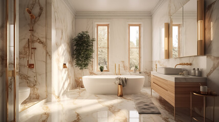 Beautiful luxurious bathroom with deep soaking tub, Generative AI - obrazy, fototapety, plakaty