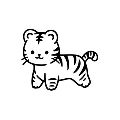 Black and white line drawing of a cute cartoon baby tiger, ideal for children's illustrations and wildlife themes.