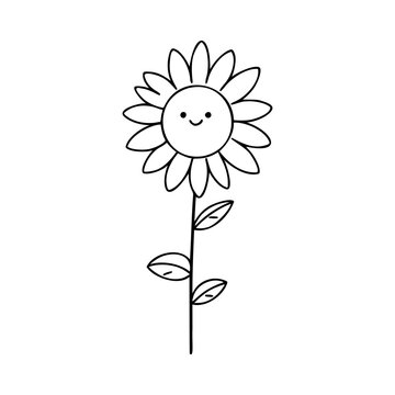 Simple line drawing of a happy cartoon flower with a smiling face, conveying happiness and positivity.