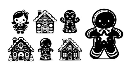 Gingerbread man and house silhouette set. Christmas Cookie collection. Simple black graphic. Vector illustration on white isolated background.