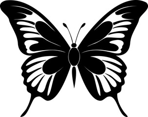 Butterfly silhouette. Simple black graphic. Cartoon style. Vector illustration on a white isolated background