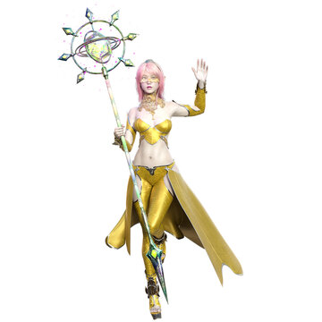 recommend clip art: A 3d rendered illustration of a high fantasy female character anime style with fantasy outfit holding a magical staff