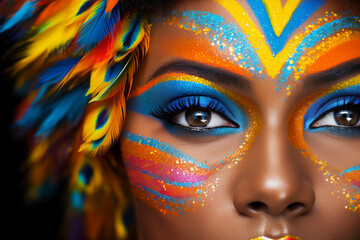 Fototapeta na wymiar Colourful Party or festival Makeup: A Striking Close-Up, perfect makeup for a fun night out or special event or festival