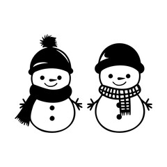 Two Christmas snowmen. Drawing line work. Simple vector illustration isolated on a white background. Christmas mini design for t-shirts, tattoos, invitations, emblems, stickers