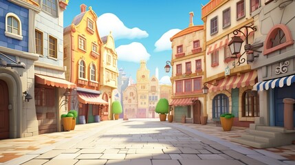 empty background of the old town of a city in 3d cartoon - obrazy, fototapety, plakaty