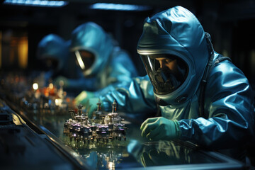 Scientists in protective gear working in a highly controlled environment with radioactive materials. Concept of nuclear research and safety protocols. Generative Ai. - obrazy, fototapety, plakaty