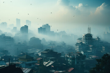 Smog-covered cityscape with buildings barely visible in the haze, illustrating the detrimental effects of urban air pollution. Generative Ai.