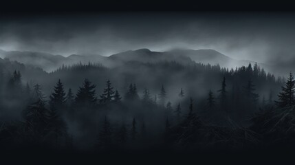 Dark foggy background, misty forest with mountains, monochrome backgrounds