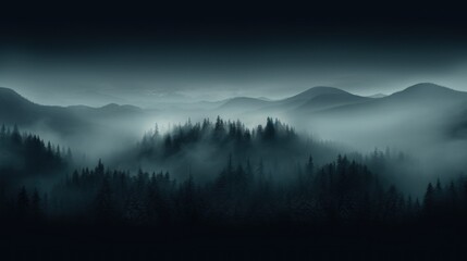 Obraz premium Dark foggy background, misty forest with mountains, monochrome backgrounds