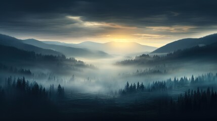 Dark foggy background, misty forest with mountains in the morning sunlight, monochrome backgrounds