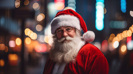 Santa Claus stands on the night street. Christmas and New Year holidays