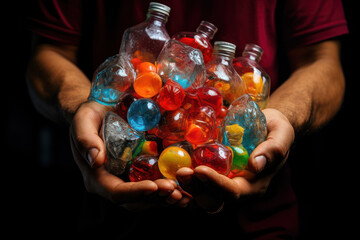 A person holding a handful of single-use plastic items, highlighting the issue of plastic pollution in our environment. Generative Ai.