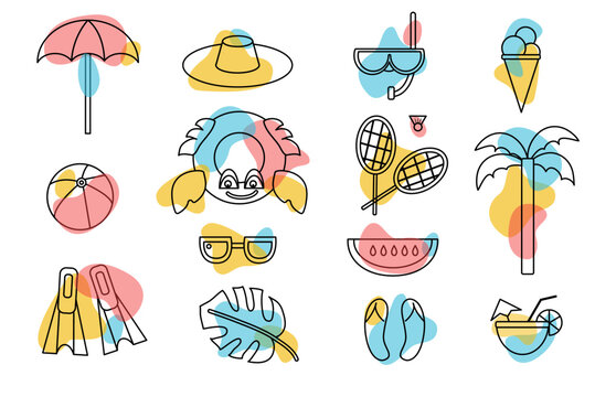 Set of summer beach tropical elements in outline style with abstract organic shapes on white background. Sun umbrella, hat, diving mask, ice cream, swimming mattress, badminton, palm tree.Vector.