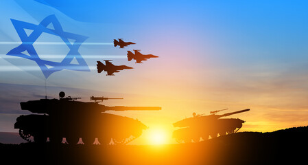Silhouettes of army tanks and fight planes on background of sunset with a transparent waving Israel flag.
