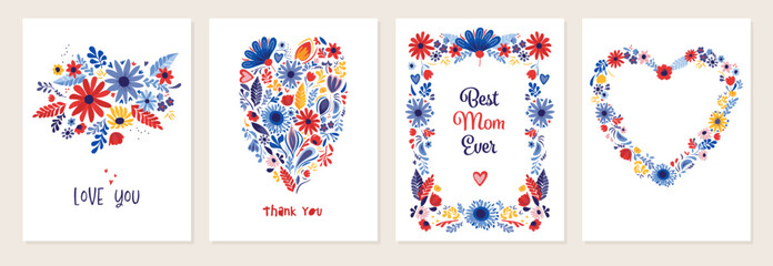 Fototapeta na wymiar Set of four abstract floral cards. Love you, Thank you, Best Mom ever message with floral heart shape. Hand drawn vector illustration