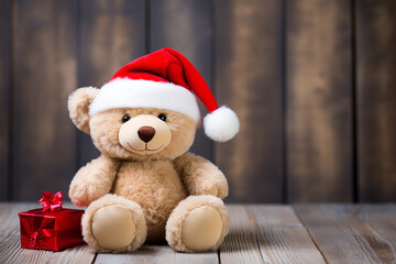 Teddy Bear on a Christmas Decorated Wooden Background - Created with Generative AI Tools