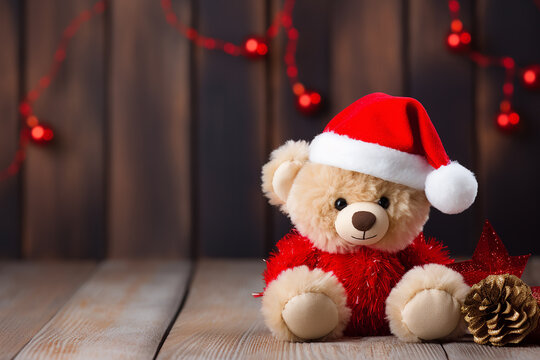 Teddy Bear on a Christmas Decorated Wooden Background - Created with Generative AI Tools