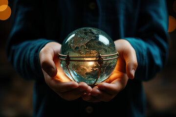 A close-up of a child's hands holding a globe, symbolizing global awareness and interconnectedness. Generative Ai.
